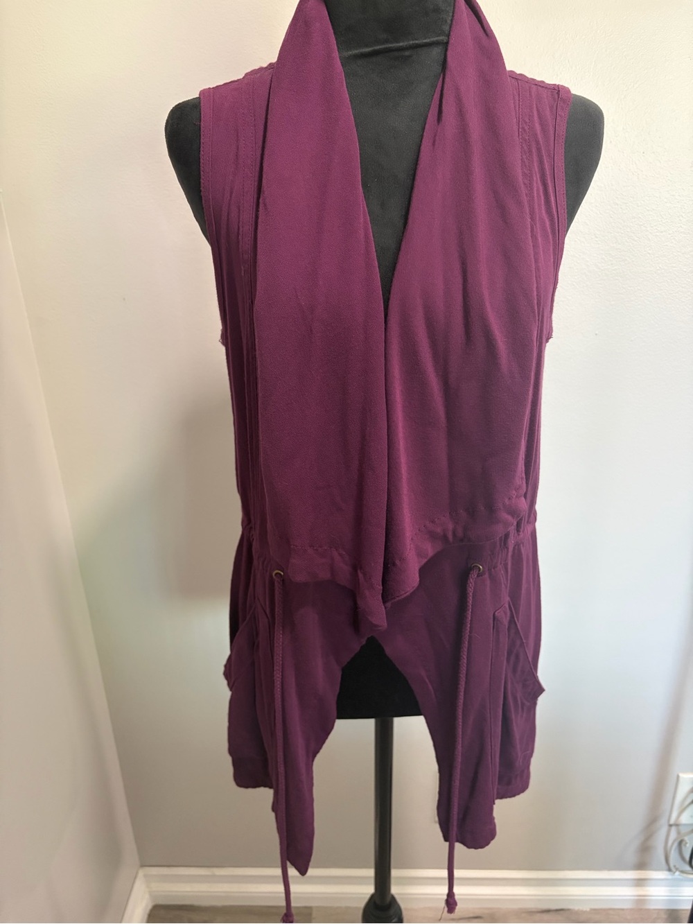 Sleeveless Draped Open-Front Tunic Vest in Plum